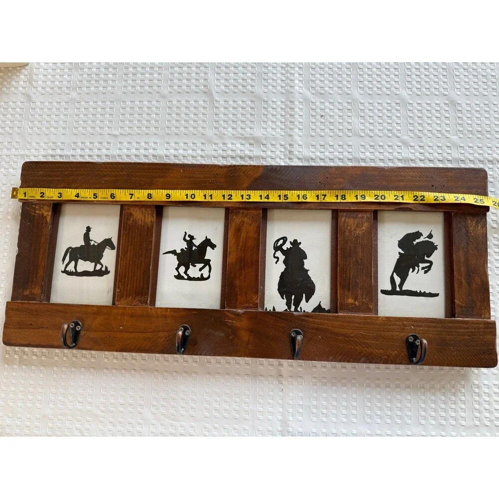 Rustic Cowboy Horseback Riding Wood Wall Hook Rack 4-Hook